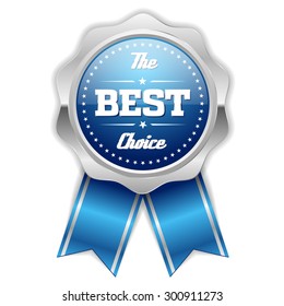 Blue best choice rosette with silver border on white background