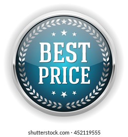 Blue best price button, badge with silver border on white background