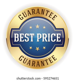 Blue best price button / badge with gold border on white background