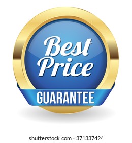 Blue best price button with gold border and ribbon