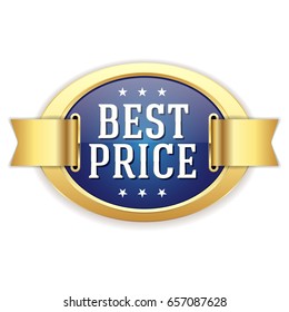 Blue best price button with gold border and ribbon on white background