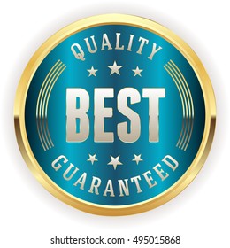 Blue best quality badge / button with gold border on white background