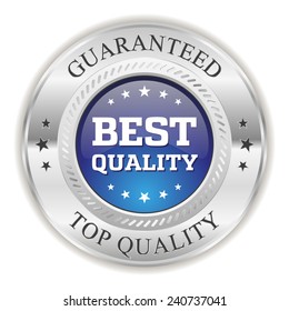 Blue best quality badge with silver border on white background