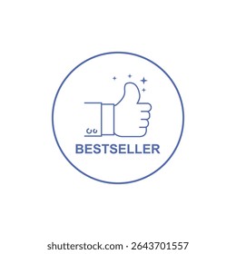 blue bestseller icon with thumb up. concept of great recommendation or simple sign of success in business. flat cartoon trend modern best selling product logo graphic minimal design isolated on white