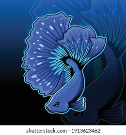 Blue Betta Fish Mascot Vector Illustration. Esport Logo Concept Isolated on Navy Background