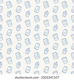 Blue beverage background. Basic flat design drink products pattern. Plastic glass, can, milk carton sign symbol. Wallpaper, seamless, water, soda, cup, box, straw.