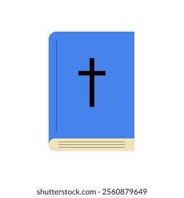 Blue Bible Book With A Cross In Flat Vector Illustration Symbolizing Christianity, Faith, And Spiritual Guidance, Isolated On White Background