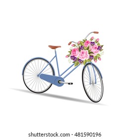 Blue bicycle with a basket full of flowers. Vector illustration on white background.