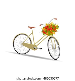 Blue bicycle with a basket full of flowers. Vector illustration on white background.