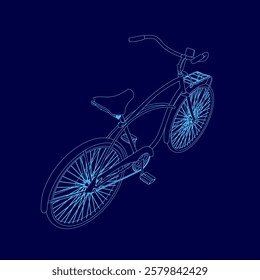 Blue bicycle with a black seat. The bike is shown in a stylized way, with the frame of the bike and the spokes of the wheel being drawn in blue