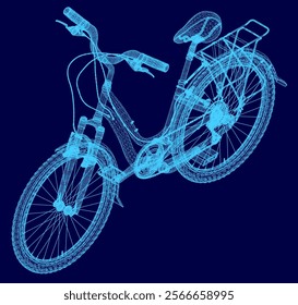 Blue bicycle with a blue frame. The bike is shown in a 3D. The bike is a mountain bike with a seat