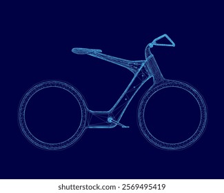 Blue bicycle with a handlebar. The bike is shown in a stylized way, with a focus on the frame and wheels. Scene is futuristic and sleek, with a sense of motion and speed