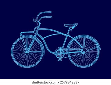 Blue bicycle with a handlebar and seat. The bike is shown in a stylized way, with the frame of the bike and the spokes of the wheel being the main focus. The image has a futuristic