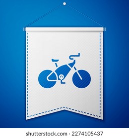 Blue Bicycle icon isolated on blue background. Bike race. Extreme sport. Sport equipment. White pennant template. Vector Illustration