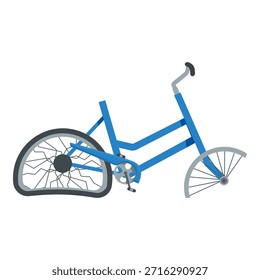 Bicicleta azul deitada de lado com pneu furado, representando acidente de bicicleta ou vandalismo