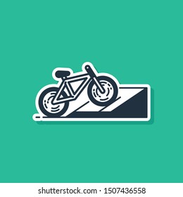 Blue Bicycle on street ramp icon isolated on green background. Skate park. Extreme sport. Sport equipment.  Vector Illustration