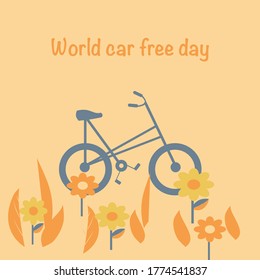 Blue Bicycle with orange flower and leaves with orange background and world car free day text in top