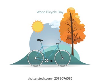 Blue bicycle parked near an autumnal tree in a sunny landscape celebrating world bicycle day
