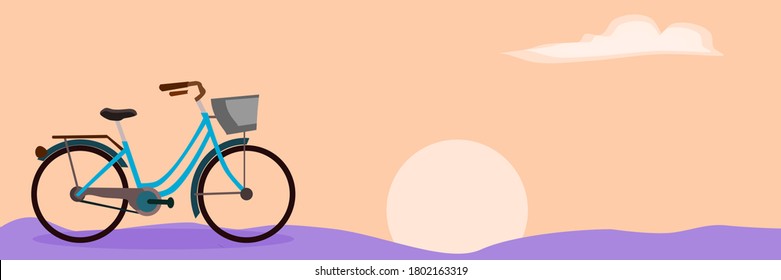 A blue bicycle parked on a purple road.There are clouds and pink sky in the background.Vector illustration.Banner for website.