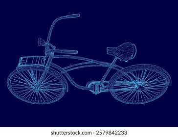 Blue bicycle with a seat and a blue basket. The bike is shown in a stylized way, with the spokes of the wheel and the frame of the bike being emphasized