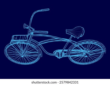 Blue bicycle with a seat and a blue basket. The bike is shown in a stylized way, with a blue color scheme. Scene is playful and whimsical, as if the bike is a cartoon character