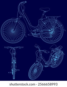 Blue bicycle with a seat. The bike is shown from the front, back, and side