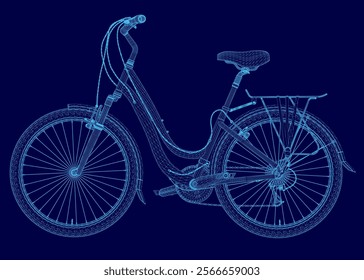 Blue bicycle with a seat and a blue handlebar. The bike is shown in a stylized way, with the frame of the bike and the spokes of the wheel being emphasized. Scene is one of creativity