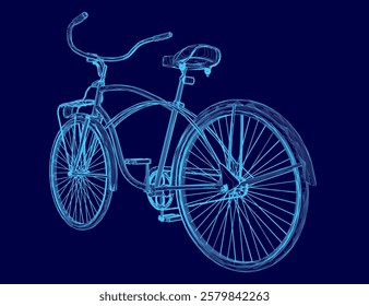 Blue bicycle with a seat and a blue handlebar. The bike is shown in a stylized way, with the frame of the bike and the spokes of the wheel being the main focus