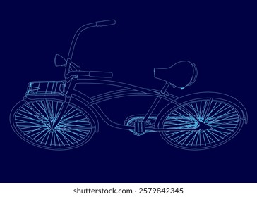 Blue bicycle with a seat and a handlebar. The bike is shown in a stylized way, with the frame of the bike and the spokes of the wheel being the only visible parts