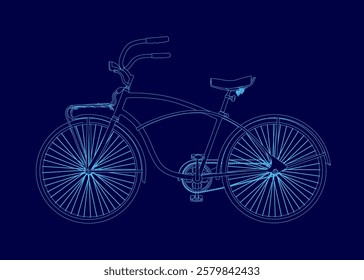 Blue bicycle with a seat and handlebars. The bike is shown in a stylized way, with the spokes of the wheel being the main focus. Concept of motion and energy