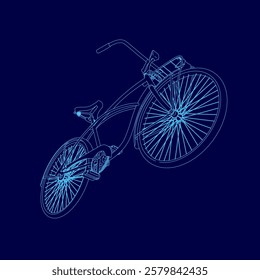 Blue bicycle is shown in mid-air. The bike is upside down and he is in motion. Concept of freedom and excitement, as if the bike is soaring through the sky