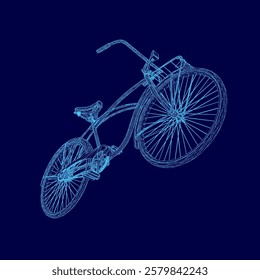 Blue bicycle is shown in a stylized way, with the frame of the bike being the main focus. The bike is upside down, with the seat and handlebars in the air. The image has a futuristic