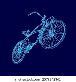 Blue bicycle is shown in a stylized way, with the frame of the bike and the spokes of the wheel being the main focus. The image has a futuristic and artistic feel to it