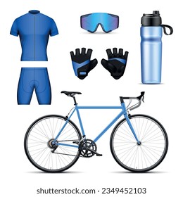 Blue bicycle sportswear and accessories for cycling realistic mockup set isolated vector illustration