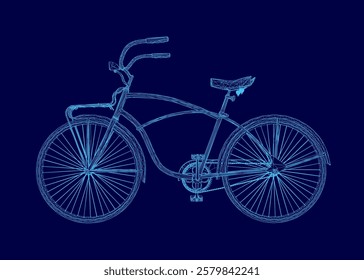 Blue bicycle with a blue wireframe. The bike is shown in a stylized way, with the spokes of the wheel and the frame of the bike being the main focus