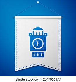 Blue Big Ben tower icon isolated on blue background. Symbol of London and United Kingdom. White pennant template. Vector
