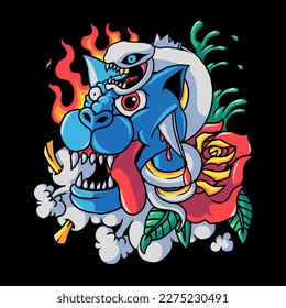 blue big cat and white snake vector illustration
