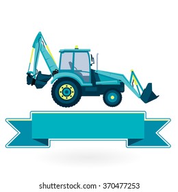 Blue big digger builds roads. Digging of sand, coal, waste rock and gravel. Nice flatten isolated illustration master vector. Truck Digger Crane Fork lift Small Bagger, Mix Roller Excavator