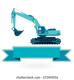 Blue big digger builds roads gigging of hole ground works digging of sand coal waste rock and gravel illustration for internet banner poster or icon flatten isolated illustration vector