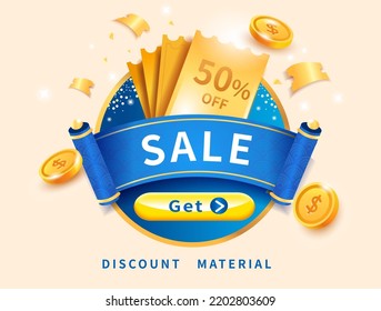 Blue big discount sale banner background. Big sale word with discount coupon and flying gold coins