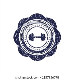 Blue big dumbbell icon inside distressed rubber grunge stamp