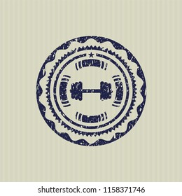 Blue big dumbbell icon inside distress with rubber seal texture