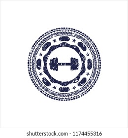 Blue big dumbbell icon inside distressed grunge style stamp