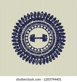 Blue big dumbbell icon inside distressed rubber seal with grunge texture