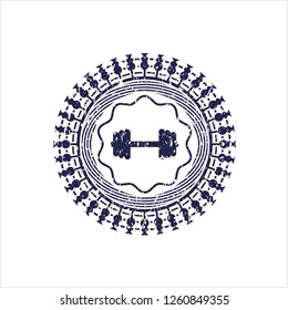 Blue big dumbbell icon inside rubber grunge texture seal