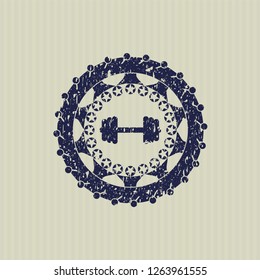 Blue big dumbbell icon inside grunge seal
