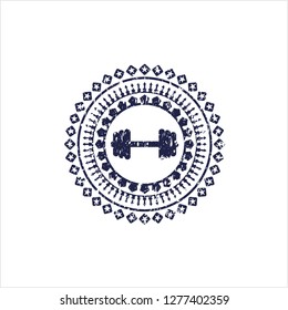 Blue big dumbbell icon inside grunge style stamp