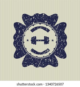 Blue big dumbbell icon inside distressed rubber grunge texture stamp