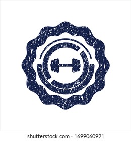 Blue big dumbbell icon inside distress grunge stamp