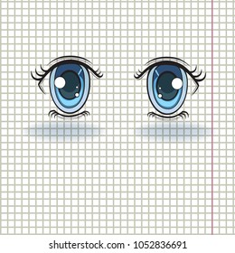 Blue big eyes in manga style on a background of a sheet in a cage.
